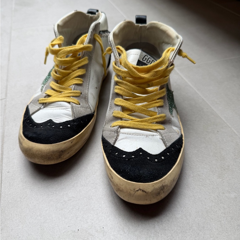 Golden Goose Midstar White and Black Sneakers with Yellow Laces
